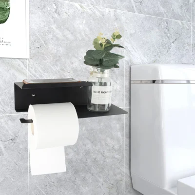 Portarrollos de papel montado en la pared negro de acero inoxidable 304, toallero con estante para teléfono móvil, soporte de papel higiénico para baño