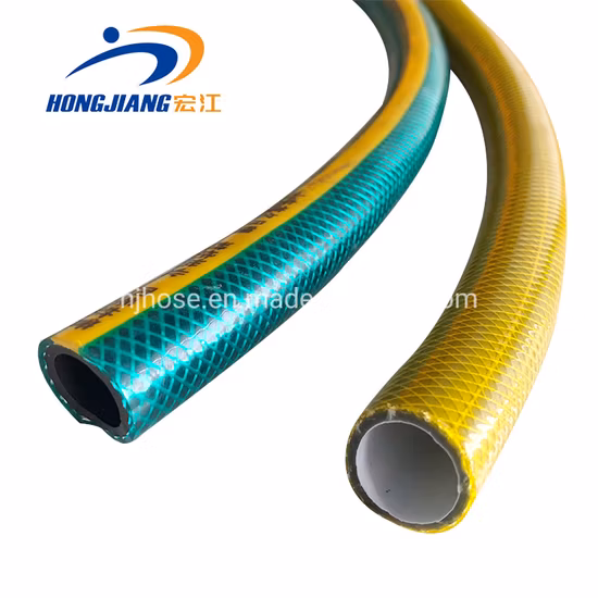 Manguera de tubería de agua de jardín flexible reforzada trenzada con fibra de PVC con conector de latón